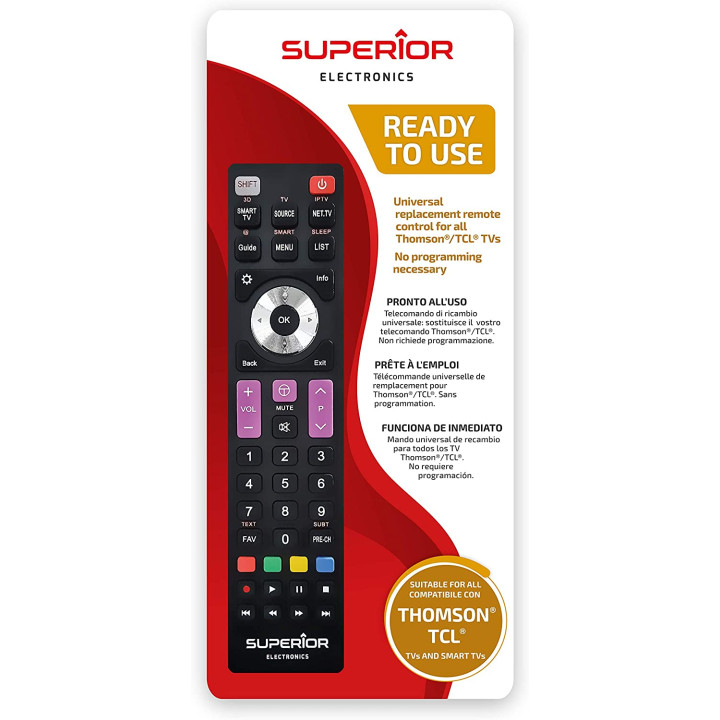Superior -  Telecomando di ricambio universale compatibile con tutti i TV e Smart TV di marca Thomson e TCL - Non richiede progr