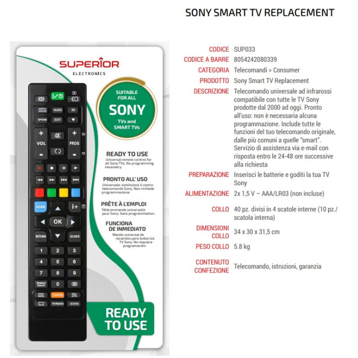 Superior - Telecomando per Tutti Sony TV Dal 2000 - Pronto All'Uso