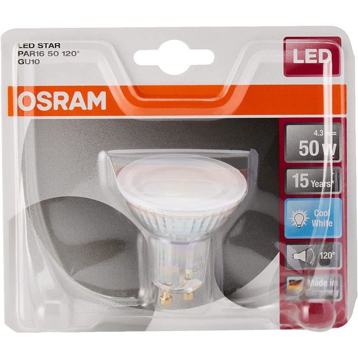 Osram LED Star Full Glass Par16 120° CW Gu10 Bli, 4,3 W, Luce Neutra 4000K, unità [Classe di efficienza energetica A+]
